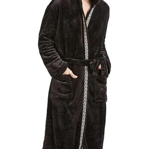 Black Plush Robe with Patterned Trim